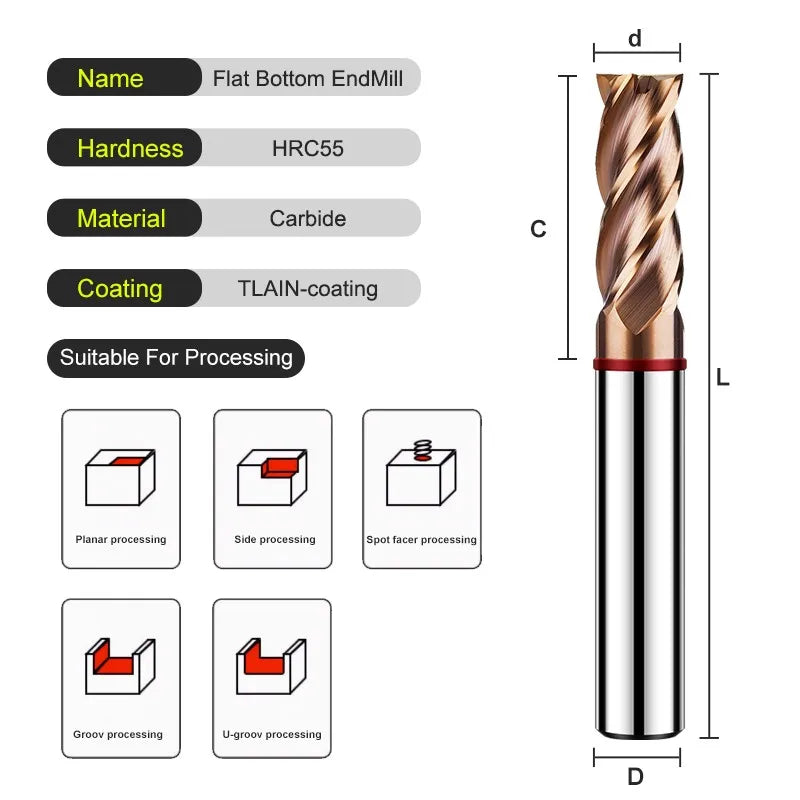 AZZKOR 1-20MM TGR-HRC55 Tungsten Steel Carbide 4-Flute Nano Coating Flat End Mills CNC Mechanical Machining Milling Cutter Tools