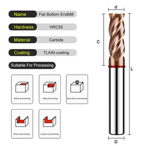 AZZKOR 1-20MM TGR-HRC55 Tungsten Steel Carbide 4-Flute Nano Coating Flat End Mills CNC Mechanical Machining Milling Cutter Tools