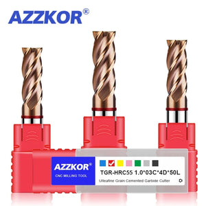 AZZKOR 1-20MM TGR-HRC55 Tungsten Steel Carbide 4-Flute Nano Coating Flat End Mills CNC Mechanical Machining Milling Cutter Tools