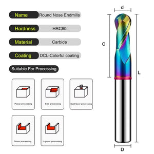 AZZKOR 2-Flute Colorful Coating Tungsten Steel Carbide Aluminum Ball End Endmills CNC Machining Milling Cutter TGP-HRC60