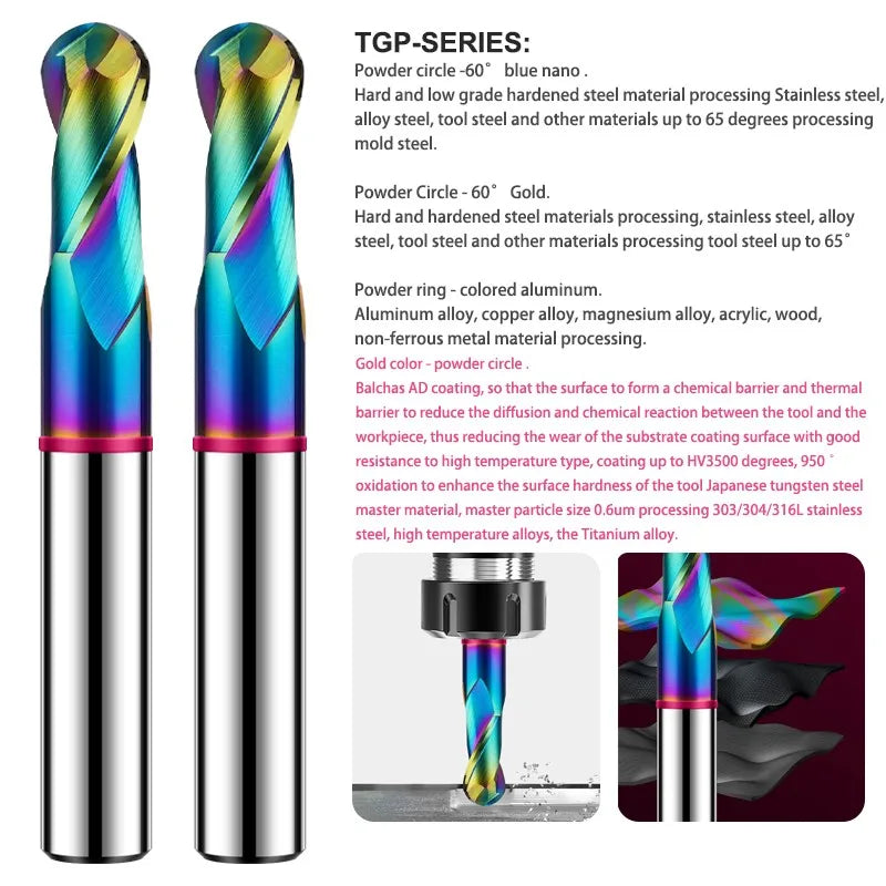 AZZKOR 2-Flute Colorful Coating Tungsten Steel Carbide Aluminum Ball End Endmills CNC Machining Milling Cutter TGP-HRC60