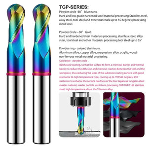 AZZKOR 2-Flute Colorful Coating Tungsten Steel Carbide Aluminum Ball End Endmills CNC Machining Milling Cutter TGP-HRC60