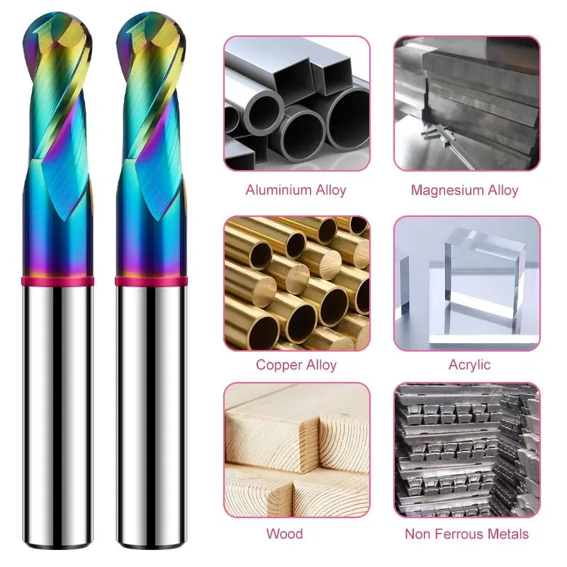 AZZKOR 2-Flute Colorful Coating Tungsten Steel Carbide Aluminum Ball End Endmills CNC Machining Milling Cutter TGP-HRC60