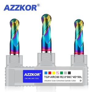 AZZKOR 2-Flute Colorful Coating Tungsten Steel Carbide Aluminum Ball End Endmills CNC Machining Milling Cutter TGP-HRC60