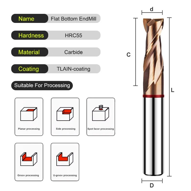 AZZKOR 2-Flute TGR-HRC55 Tungsten Steel Carbide Nano Coating Milling Cutter CNC Mechanical Machining Flat End Mills Tools 1-20mm