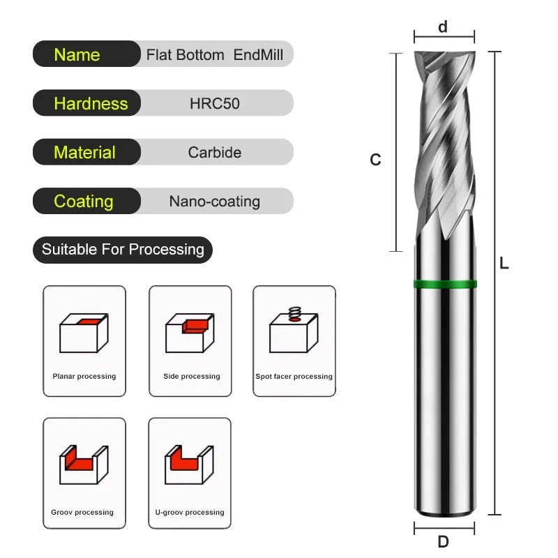 AZZKOR TGH-HRC50 2-Flute Tungsten Steel Carbide For Aluminu Flat End Mills CNC Mechanical Woodworking  Milling Cutter Tools 1-20