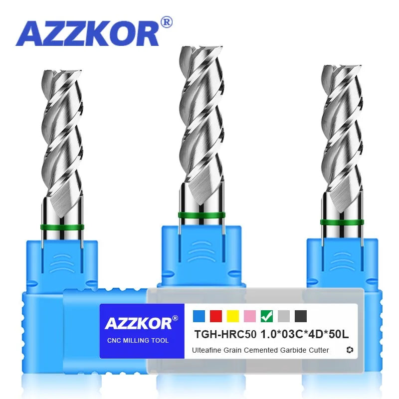 AZZKOR TGH-HRC50 3-Flute Tungsten Steel Carbide Woodworking Flat End Mill For CNC Mechanical Aluminum Milling Cutter Tool 1-20mm