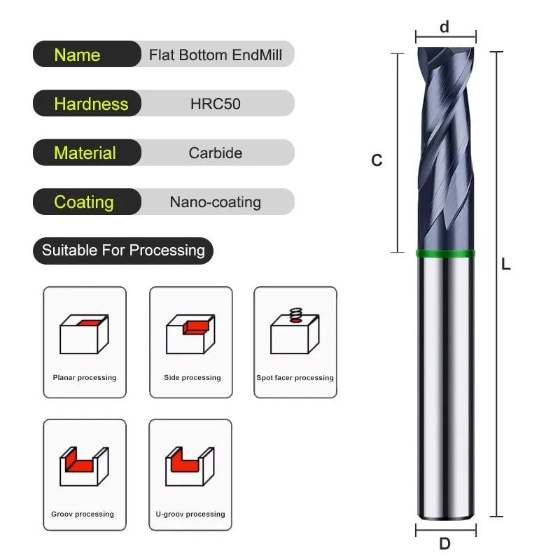 AZZKOR TGH-HRC50 Tungsten Steel Carbide 2-Flute Nano Coating Flat End Mills CNC Machining Center Milling Cutter Tools 1-20MM