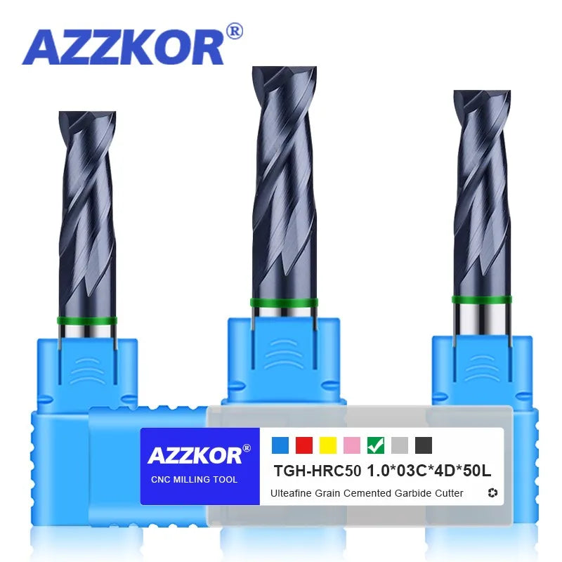 AZZKOR TGH-HRC50 Tungsten Steel Carbide 2-Flute Nano Coating Flat End Mills CNC Machining Center Milling Cutter Tools 1-20MM