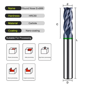 AZZKOR TGH-HRC50 Tungsten Steel Carbide Milling Cutter 4F Color-Ring Coating CNC Mechanical Round Nose Endmills Tools