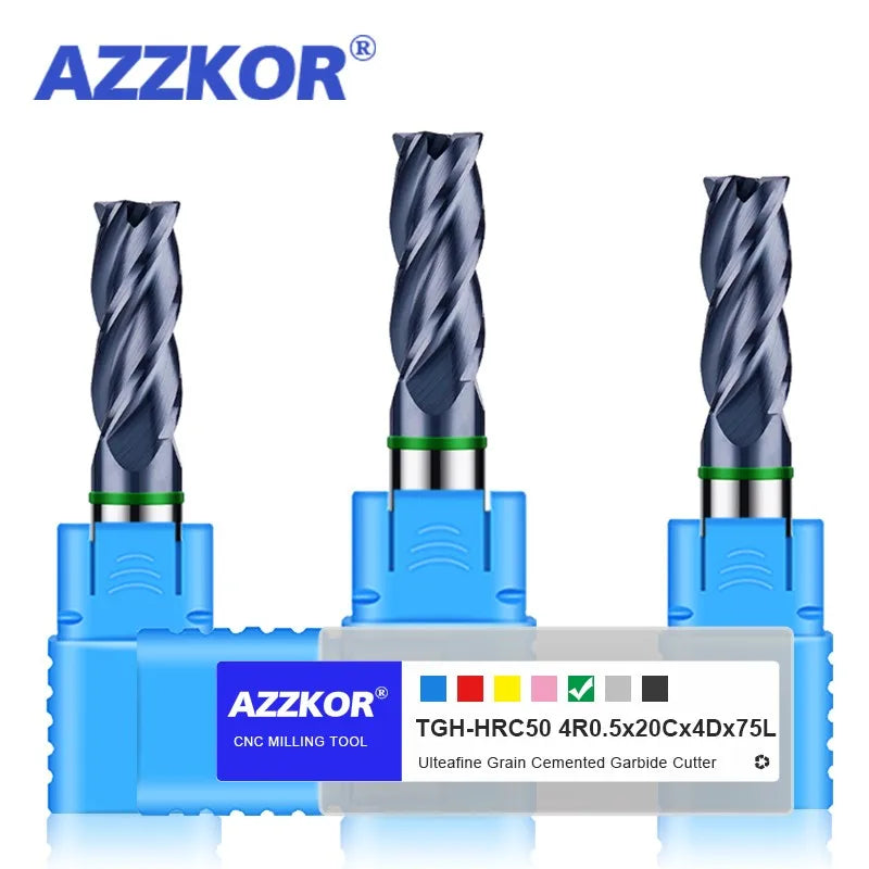 AZZKOR TGH-HRC50 Tungsten Steel Carbide Milling Cutter 4F Color-Ring Coating CNC Mechanical Round Nose Endmills Tools