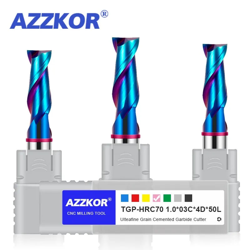 AZZKOR TGP-HRC70 2F Endmills Color-Ring Blue Nano Coating Tungsten Steel Carbide Flat bottom Milling Cutter For CNC Mechanical - AMICE ATON