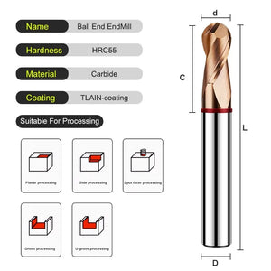 AZZKOR TGR-HRC55 2-Flute Ball Nose End Mills Tungsten Steel Carbide Nano Coating Milling Cutter For CNC Machining Center Tools