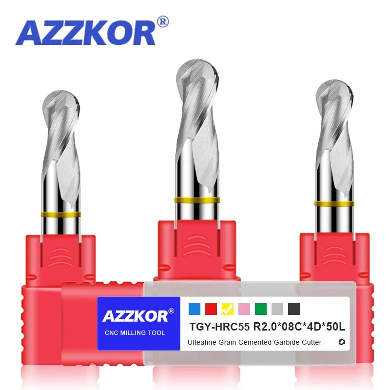 AZZKOR Tungsten Steel Carbide For Aluminu Milling Cutter 2F Color-Ring Coating CNC Mechanical Ball End Endmills Tools TGY-HRC55 - AMICE ATON