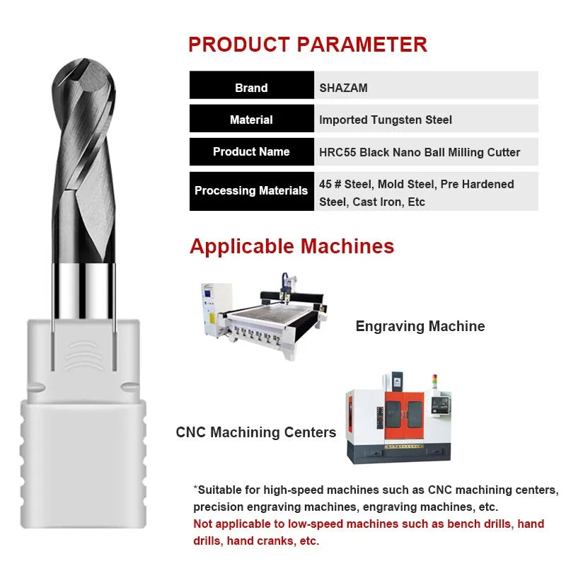 SHAZAM HRC55 2-Flute Ball End Mill Tungsten Steel Carbide Black Nano Coating Milling Cutter CNC Mechanical Machining Endmills - AMICE ATON