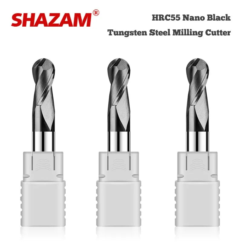 SHAZAM HRC55 2-Flute Ball End Mill Tungsten Steel Carbide Black Nano Coating Milling Cutter CNC Mechanical Machining Endmills - AMICE ATON