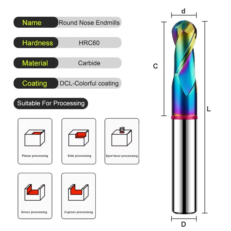 SHAZAM TGP-HRC60 2-Flute Color Circle DLC-Coating Tungsten Steel Carbide Aluminum Ball End Endmills CNC Machining Milling Cutter - AMICE ATON