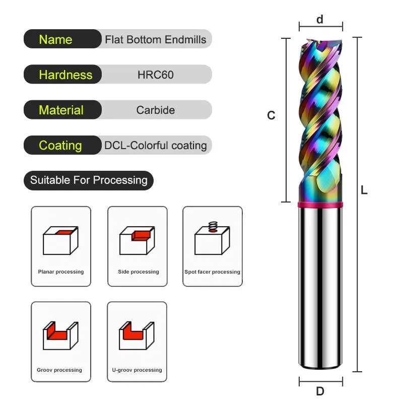 SHAZAM TGP-HRC60 3-Flute Color Circle DLC-Coating Tungsten Steel Carbide Aluminum Flat End Endmills CNC Machining Milling Cutter - AMICE ATON