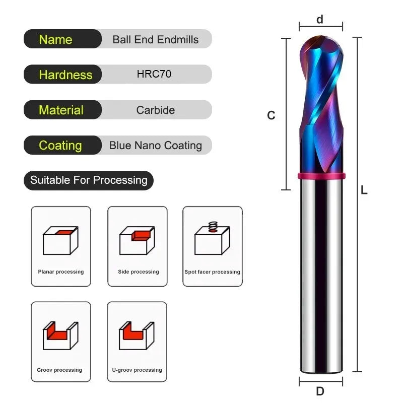 SHAZAM TGP-HRC70 2F Color Circle Endmills Blue Nano Coating Tungsten Steel Carbide Milling Cutter For CNC Mechanical Endmills - AMICE ATON