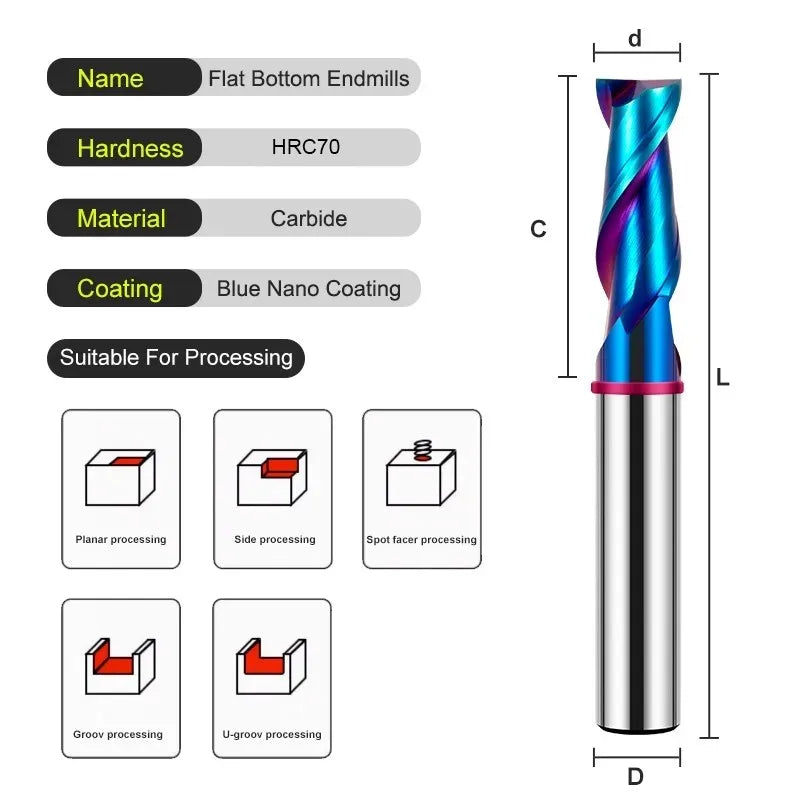 SHAZAM TGP-HRC70 2F Color Circle Flat End Mill Tungsten Steel Carbide Blue Coating  Milling Cutter For CNC Mechanical Endmills - AMICE ATON