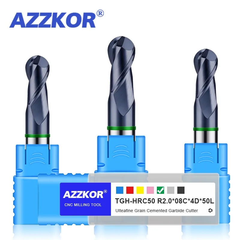 AZZKOR 2-Flute Nano Coating Tungsten Steel Carbide Ball Nose End Mills For CNC Mechanical Machining Milling Cutter Tool TGH-HRC50