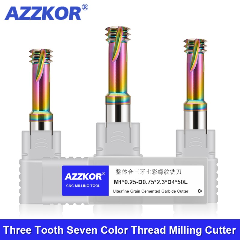 AZZKOR HRC65 Thread Milling Cutter Tungsten Steel Carbide Colorful coating For Aluminum Three Teeth Milling Cutter CNC Machining Center Tools