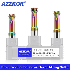 AZZKOR HRC65 Thread Milling Cutter Tungsten Steel Carbide Colorful coating For Aluminum Three Teeth Milling Cutter CNC Machining Center Tools