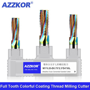 AZZKOR HRC65 Thread Milling Cutter Tungsten Steel Carbide Colorful Coating For Aluminum Full Teeth Milling Cutter CNC Machining Center Tools