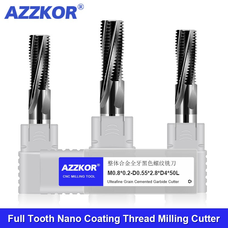 AZZKOR HRC58 Thread Milling Cutter Tungsten Steel Carbide Black Nano Coating Full Teeth Milling Cutter CNC Machining Center Tools