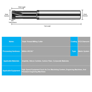 AZZKOR Pcd Diamond Thread Milling Cutter Three Tooth Tungsten Steel Thread Milling Cutter Cnc Machining Center Milling Cutter For Graphite Carbon Fiber