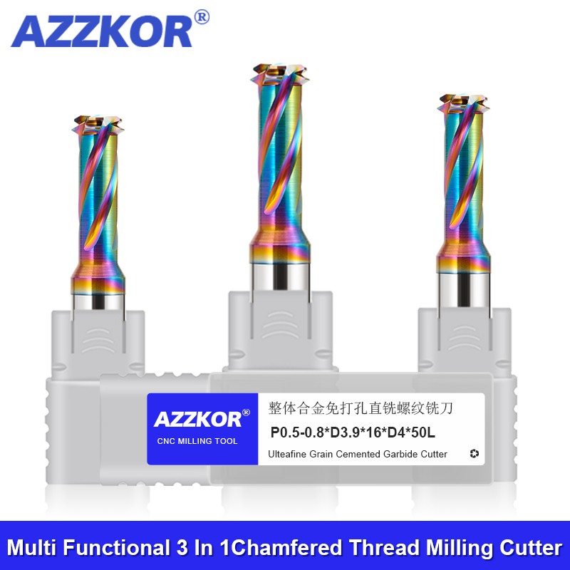 AZZKOR Tungsten Steel Multifunctional Three In One Chamfered Thread Milling Cutter Without Bottom Hole Coating, High-Efficiency Tooth Milling Cutter