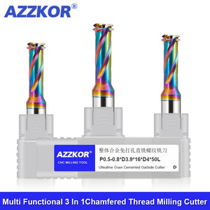 AZZKOR Tungsten Steel Multifunctional Three In One Chamfered Thread Milling Cutter Without Bottom Hole Coating, High-Efficiency Tooth Milling Cutter