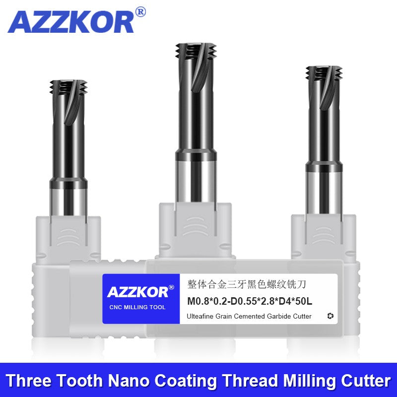 AZZKOR High Hardness Three teeth Coating Thread Milling Cutter Milling Cutter Machining Center Tungsten Steel Alloy Thread Cutter Ancient Black Coating