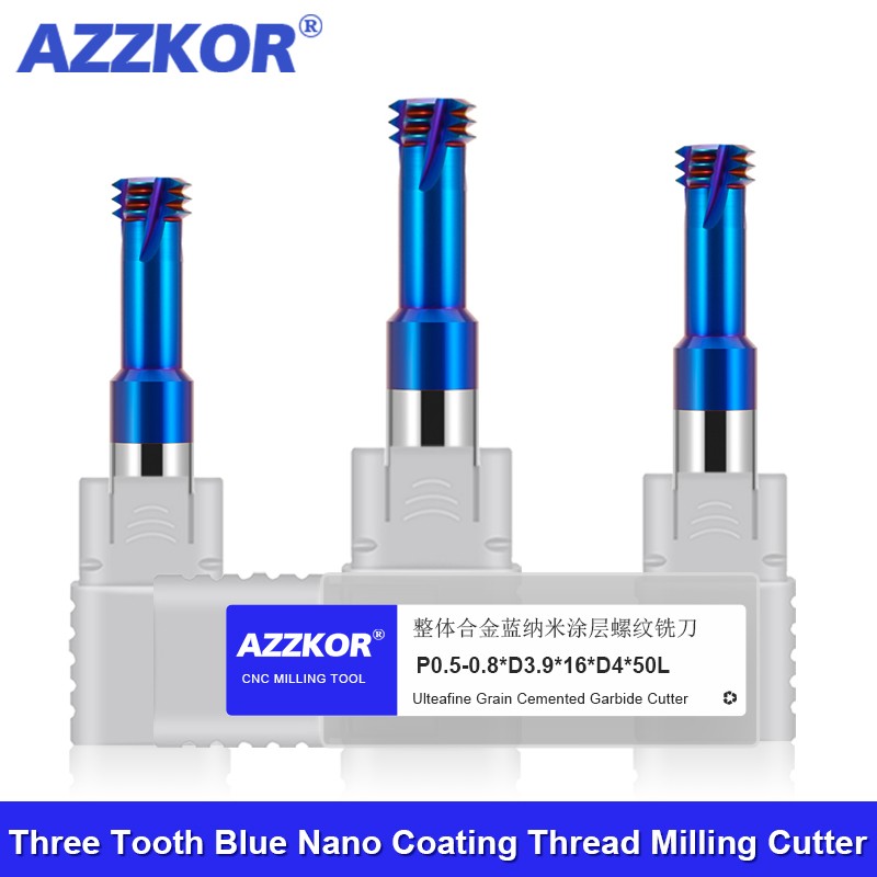 AZZKOR Three Tooth Blue Nano Coated Tungsten Steel Alloy Thread Milling Cutter Cnc Milling Cutter