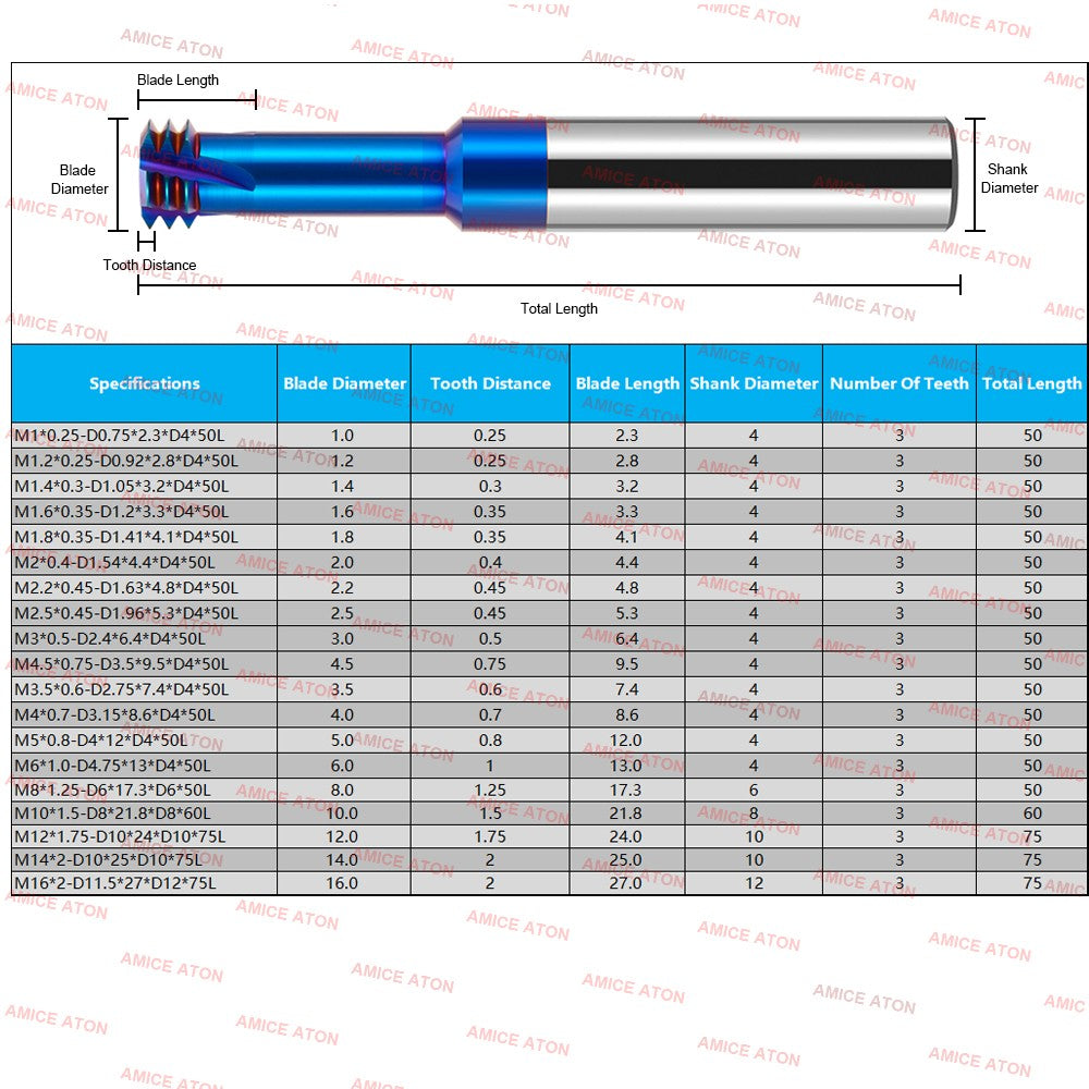 AZZKOR Three Tooth Blue Nano Coated Tungsten Steel Alloy Thread Milling Cutter Cnc Milling Cutter