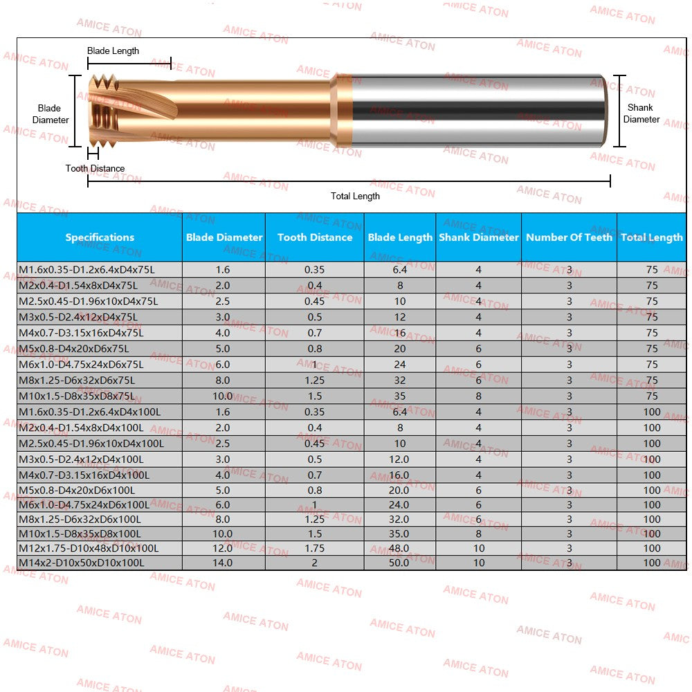 AZZKOR Bronze Nano Coating Extended Three Tooth Tungsten Steel Thread Milling Cutter Machining Center Four Deep Hole Deep Cavity Machining Thread Cutter 75L~100L