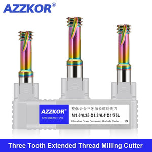 AZZKOR Colorful Nano Coating Extended Three Tooth Tungsten Steel Thread Milling Cutter Machining Center Four Deep Hole Deep Cavity Machining Thread Cutter 75L~100L