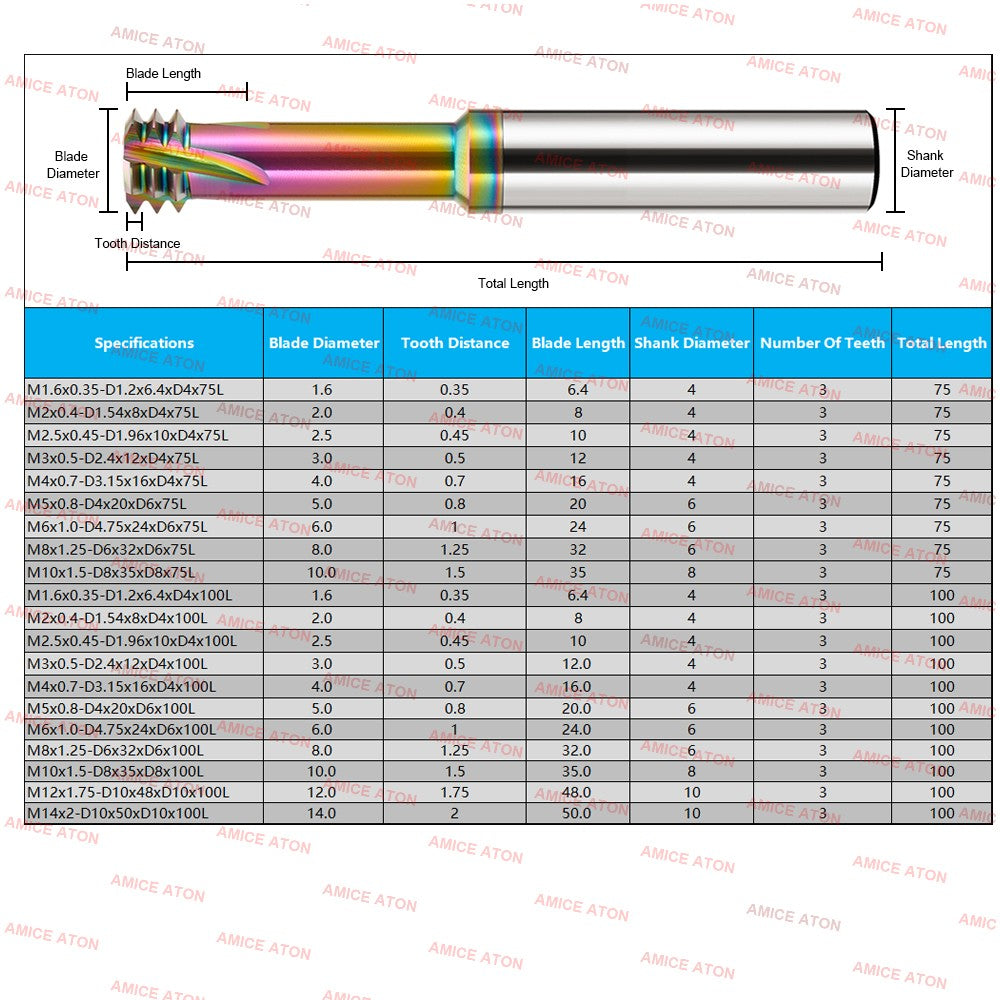 AZZKOR Colorful Nano Coating Extended Three Tooth Tungsten Steel Thread Milling Cutter Machining Center Four Deep Hole Deep Cavity Machining Thread Cutter 75L~100L