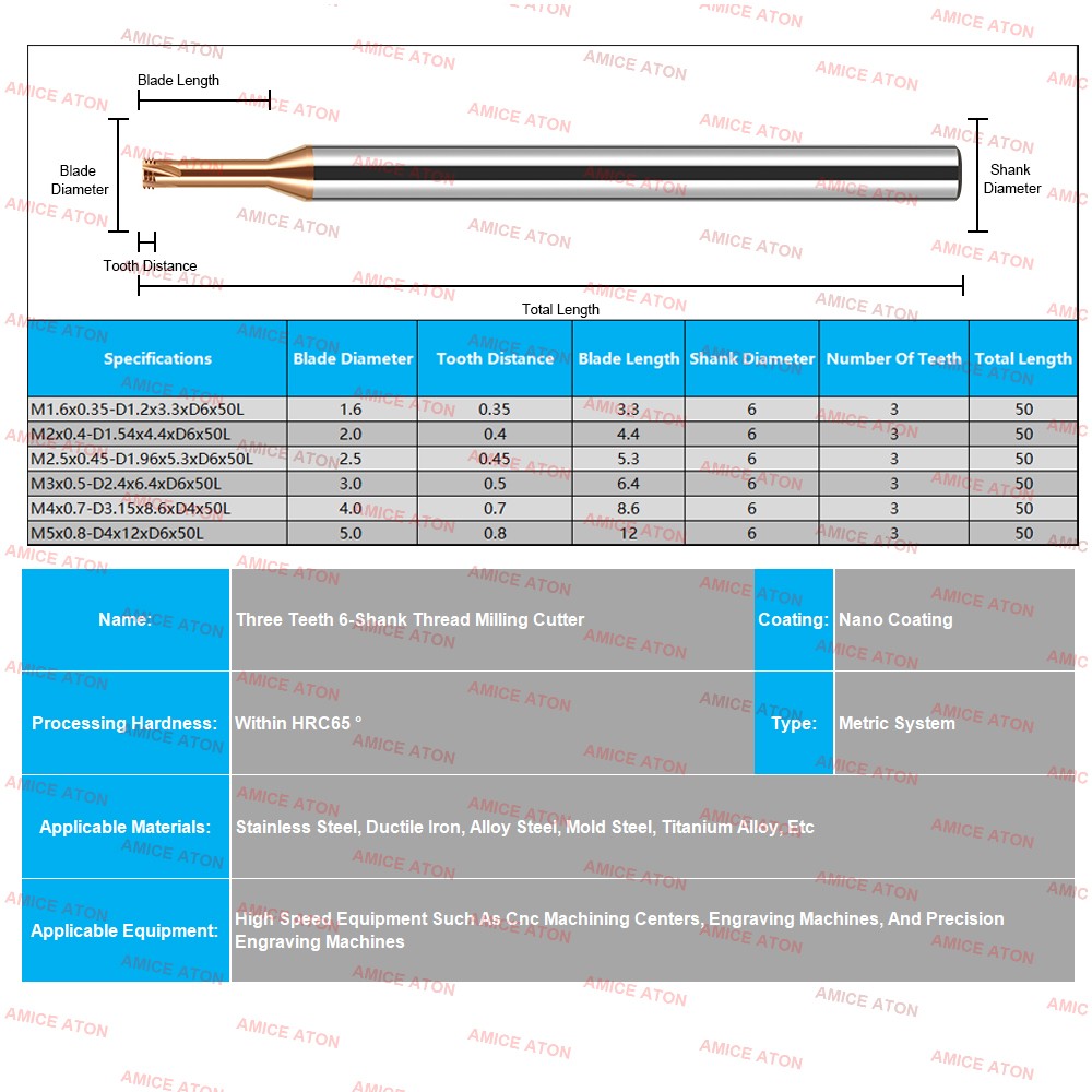 AZZKOR 6-Shank Bronze Nano Coating Three Tooth Tungsten Steel Thread Milling Cutter Machining Center Deep Hole Deep Cavity Machining Thread Cutter 50L