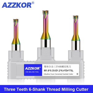 AZZKOR 6-Shank Colorful Nano Coating Three Tooth Tungsten Steel Thread Milling Cutter Machining Center Deep Hole Deep Cavity Machining Thread Cutter 50L