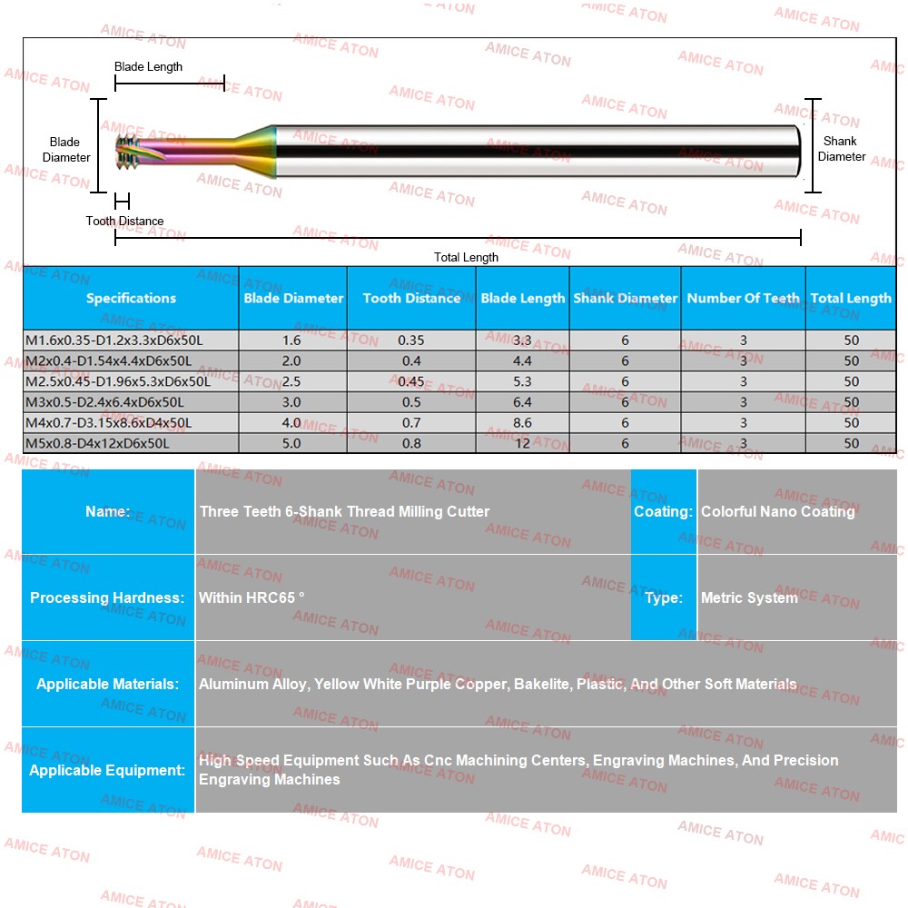 AZZKOR 6-Shank Colorful Nano Coating Three Tooth Tungsten Steel Thread Milling Cutter Machining Center Deep Hole Deep Cavity Machining Thread Cutter 50L